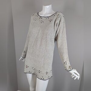 Vintage Silk Wool Blend Embroidered Sweater Cream Cottagecore Boho Knit Top Smal